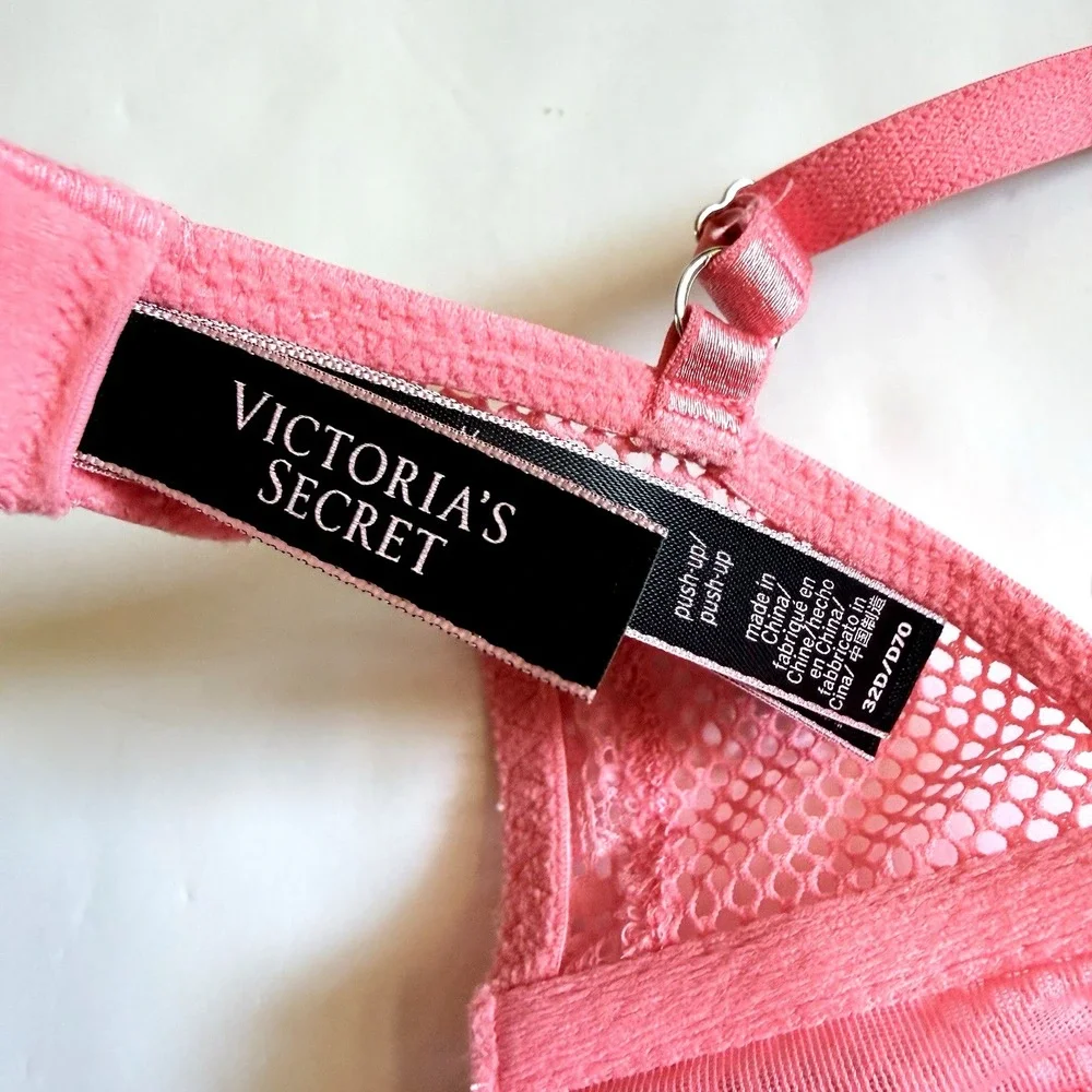 Victoria Secret Very Sexy Lace Fishnet Pushup Bra 32 D Pink Underwire Padded Cup